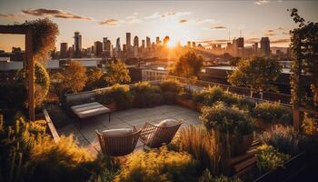 Spectacular city skyline illuminated by sunset sunlight generated by AI photo