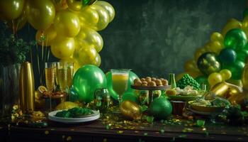 Ballons and confetti decorate a festive birthday party generated by AI photo