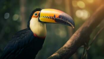 Vibrant toucan perches on branch in rainforest generated by AI photo