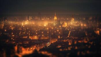 brillante ciudad horizonte refleja en calma agua generado por ai foto