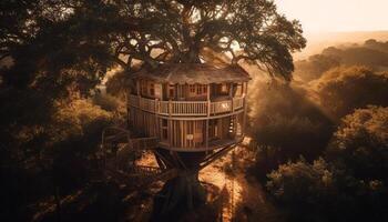 Sunset illuminating ancient rural Christian hut in forest generated by AI photo