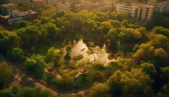 Green forest meets city skyline above tranquil water generated by AI photo