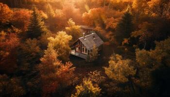 Tranquil autumn forest, yellow leaves, mountain peaks generated by AI photo