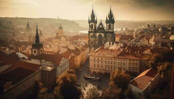 católico agujas atravesar Praga medieval horizonte a oscuridad generado por ai foto