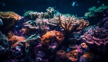 Multicolored aquatic animals swim in a coral reef generated by AI photo