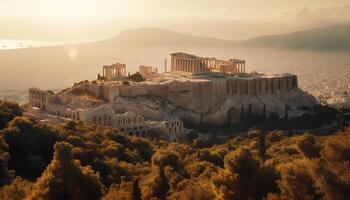 Majestic ruins, ancient god home at dusk generated by AI photo