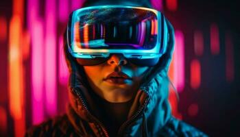 Futuristic headset illuminates the night for fun generated by AI photo