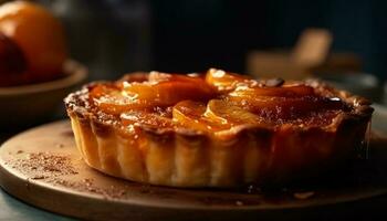 Sweet homemade berry tart on rustic wood plate generated by AI photo