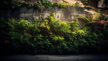 Fresco verde hojas en antiguo árbol rama generado por ai foto