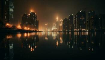 silueta de moderno ciudad, rascacielos iluminar frente al mar generado por ai foto