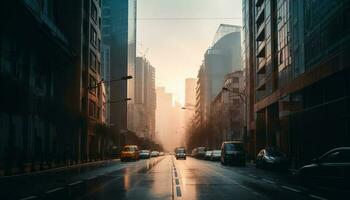 borroso movimiento, iluminado rascacielos, ciudad la vida nocturna prisa generado por ai foto