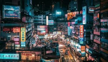 Glowing neon lights illuminate busy Mong Kok generated by AI photo