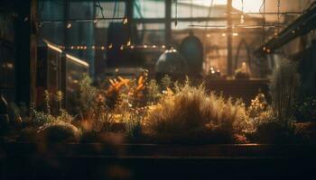Nature plant growth backlit by modern factory generated by AI photo