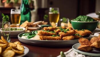 Deep fried pub food on rustic wooden table generated by AI photo