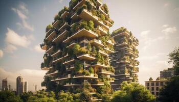 Modern city life grows amidst nature beauty generated by AI photo