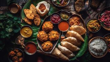 Variety of grilled meat and vegetables on plate generated by AI photo