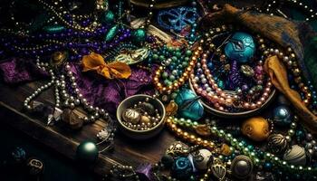 Shiny jewelry collection on ornate antique table generated by AI photo