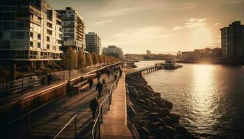 Modern city skyline reflects on tranquil waters generated by AI photo