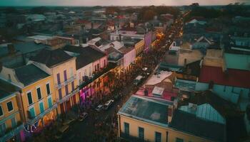 ciudad horizonte brilla con multi de colores luces encima generado por ai foto