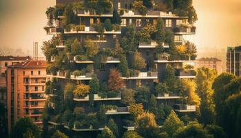 moderno rascacielos y ciudad vida a puesta de sol generado por ai foto