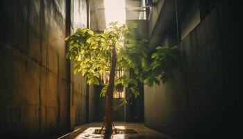 Dark forest corridor, illuminated by natural phenomenon light generated by AI photo