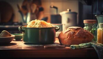 Homemade casserole, fresh bread rustic lunch spread generated by AI photo