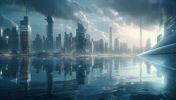 Futuristic skyline reflects off dark blue water generated by AI photo