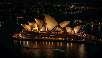 Opera house illuminated, reflecting in water below generated by AI photo
