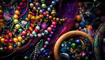 Vibrant gold and purple jewelry collection heap generated by AI photo