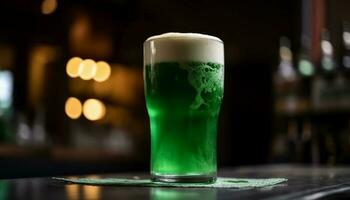 Fresh beer poured into green pint glass generated by AI photo