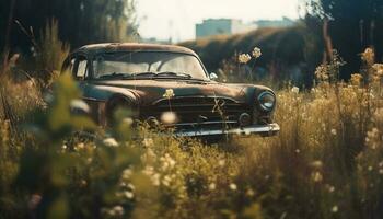 Vintage car driving through rustic meadow sunset generated by AI photo