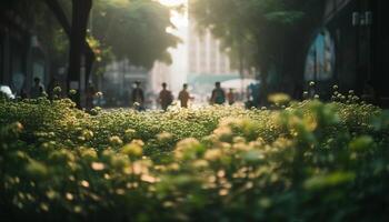 hombres y mujer caminando mediante naturaleza prado generado por ai foto