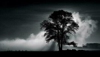 Silhouette of tree in spooky, foggy night generated by AI photo