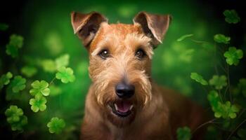 Cute terrier puppy playing in the grass generated by AI photo