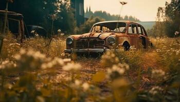 abandonado Clásico coche oxida en rural prado generado por ai foto