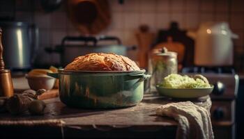 Rustic homemade meal preparation on wooden table generated by AI photo