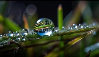 Fresh dew on green leaves showcases nature beauty generated by AI photo