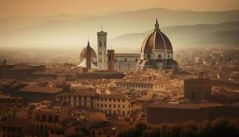 Sunset illuminates famous basilica in cityscape panorama generated by AI photo