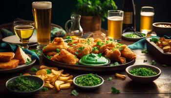 Grilled meat, fried appetizers, beer at pub generated by AI photo