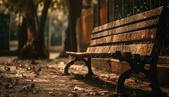 Old bench in tranquil forest, autumn leaves generated by AI photo
