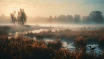 Silhouette of duck in tranquil reed reflection generated by AI photo