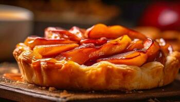 Freshly baked homemade peach tart on rustic table generated by AI photo