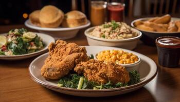 Plate of gourmet fried chicken and steak generated by AI photo