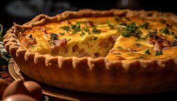 recién horneado Quiche con sabroso carne tarta generado por ai foto