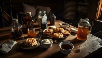 Freshly baked dessert on rustic wooden table generated by AI photo