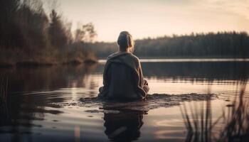 Caucasian couple sitting, enjoying tranquil sunset reflection generated by AI photo