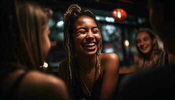 sonriente joven mujer disfrutar la vida nocturna, bebida y la risa generado por ai foto