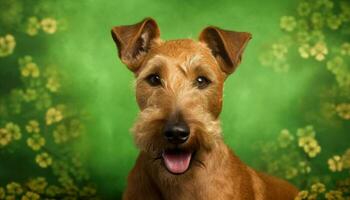 A cute terrier puppy sitting in the grass generated by AI photo