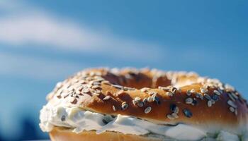 Fresh baked bagel with creamy sesame spread generated by AI photo