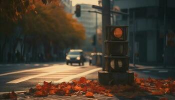 amarillo hojas iluminar otoño noche en ciudad calle generado por ai foto